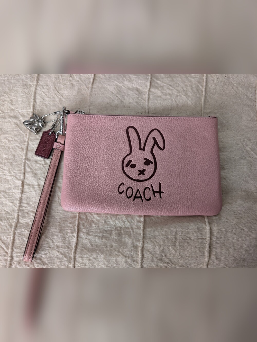 Coach Lunar New Year Wristlet Rabbit Graphic Pink Leather Silver Charm